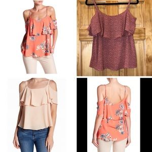 Bobeau Ruffled Allover Print Cold Shoulder Blouse